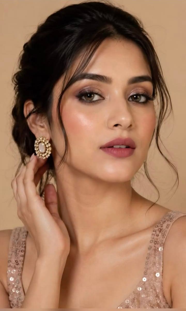 Fresh, glowing skin with a coral lip against a blush backdrop